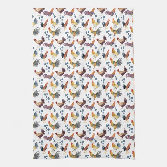 Chickens and Eggs Barnyard Farm Country Watercolor Kitchen Towel (Vertical)