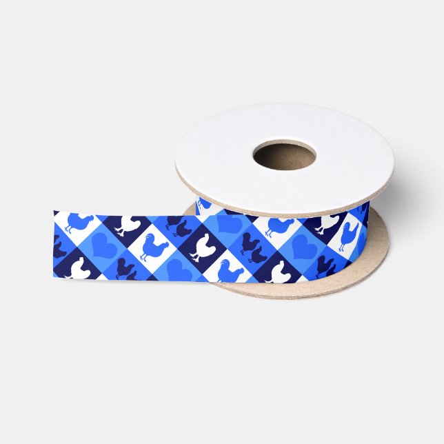 Chickens and Hearts Farm Country Blue and White Satin Ribbon (Spool)
