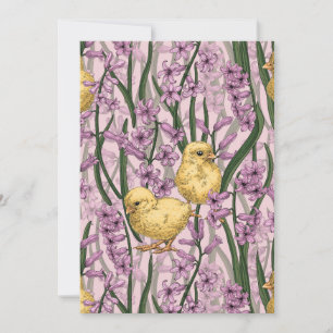 Chickens and hyacinths on pink