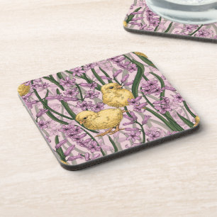 Chickens and hyacinths on pink coaster