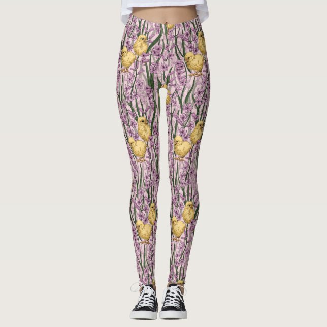 Chickens and hyacinths on pink leggings (Front)