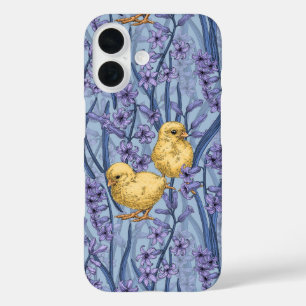 Chickens and hyacinths on sky blue iPhone 16 case