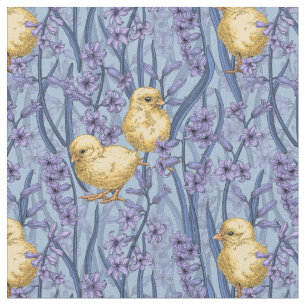Chickens and hyacinths on sky blue fabric
