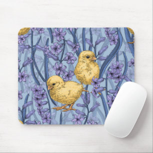 Chickens and hyacinths on sky blue mouse pad