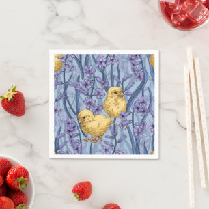 Chickens and hyacinths on sky blue napkin