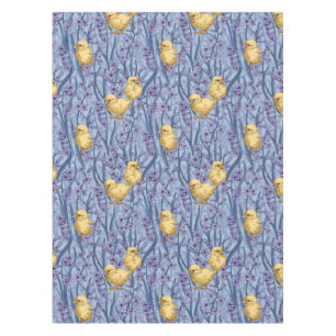 Chickens and hyacinths on sky blue tablecloth