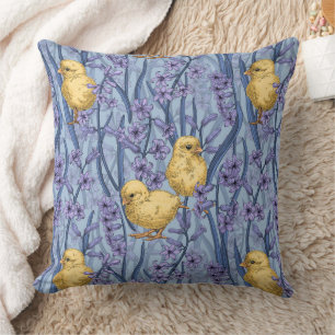 Chickens and hyacinths on sky blue throw pillow