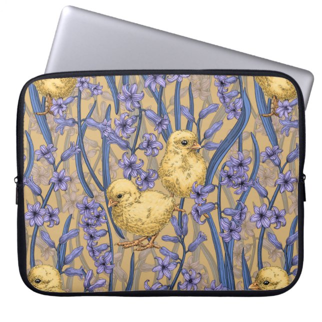 Chickens and hyacinths on yellow laptop sleeve (Front)