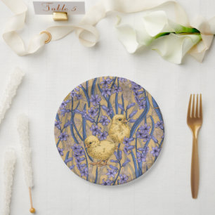 Chickens and hyacinths on yellow paper plate