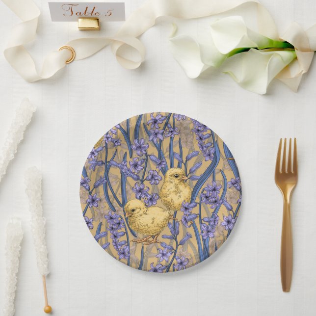 Chickens and hyacinths on yellow paper plate (Wedding)