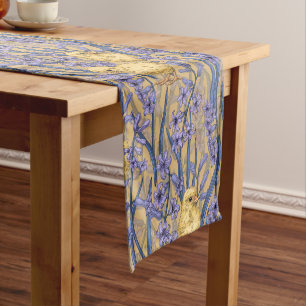 Chickens and hyacinths on yellow short table runner