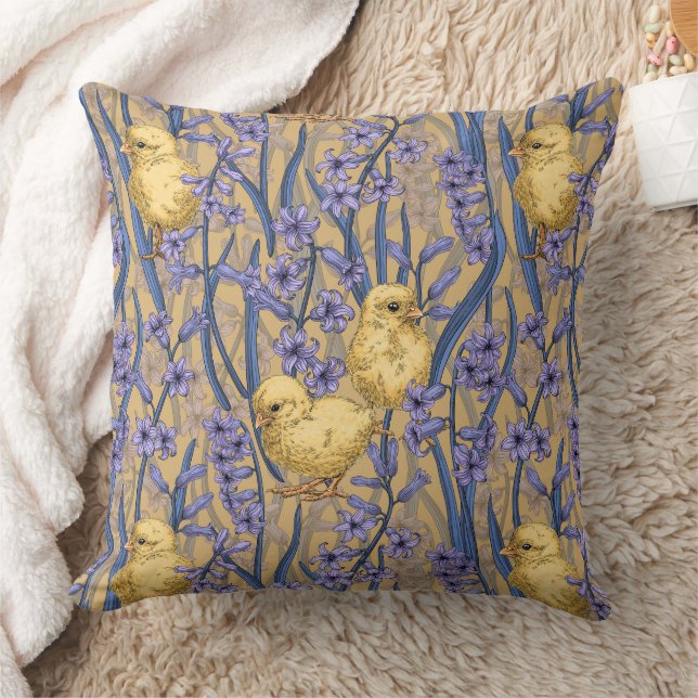 Chickens and hyacinths on yellow throw pillow (Blanket)
