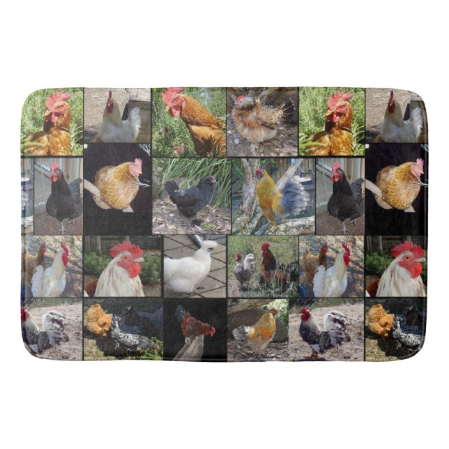 Chickens And Roosters Photo Collage, Large Bath Mat (Front)