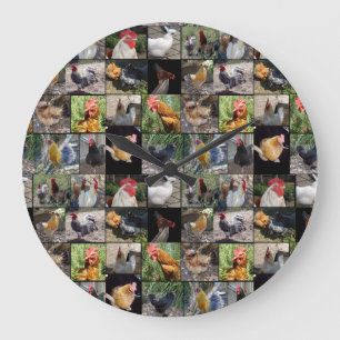 Chickens And Roosters Photo Collage, Large Clock
