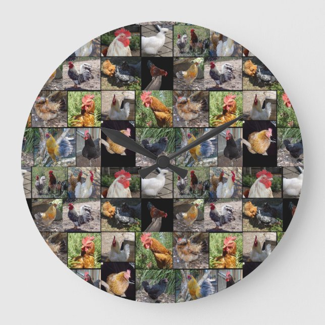 Chickens And Roosters Photo Collage, Large Clock (Front)