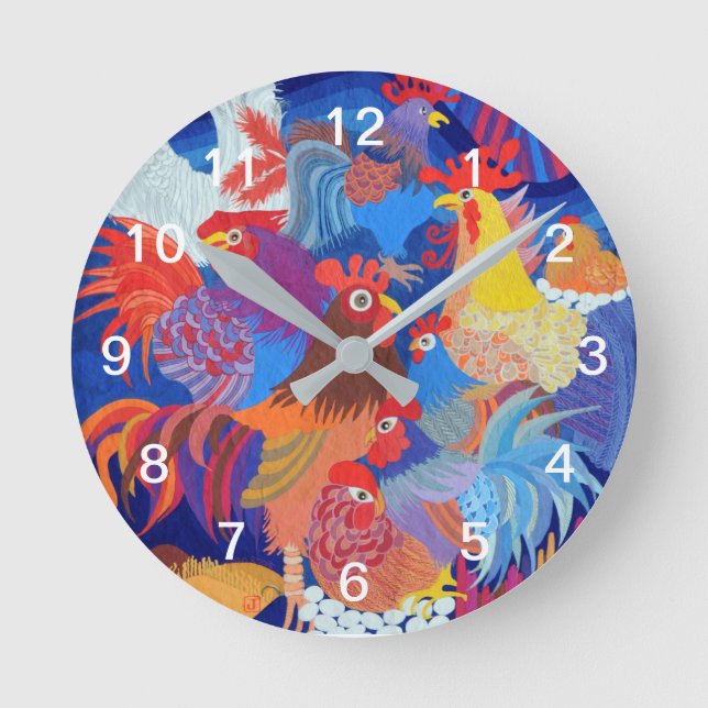 Chickens and Roosters - White Numbers Round Clock (Front)
