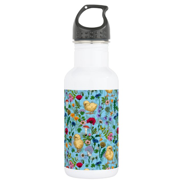 Chickens and wildflowers on baby blue 532 ml water bottle (Front)