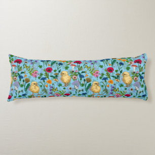 Chickens and wildflowers on baby blue body pillow