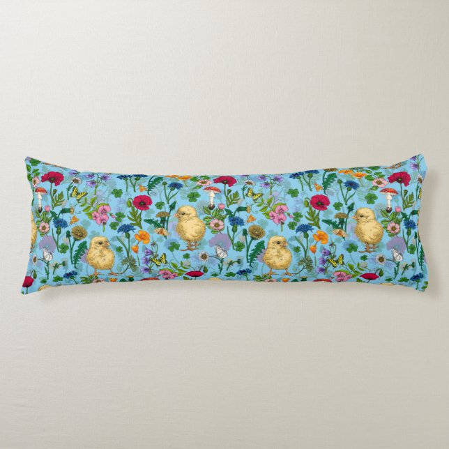 Chickens and wildflowers on baby blue body pillow (Front)
