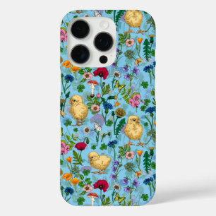 Chickens and wildflowers on baby blue iPhone 16 pro case