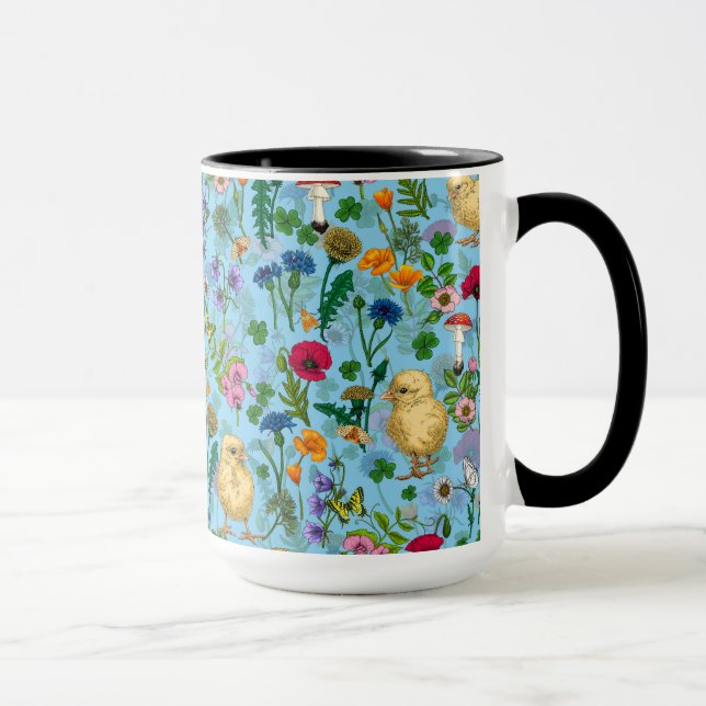 Chickens and wildflowers on baby blue mug (Right)