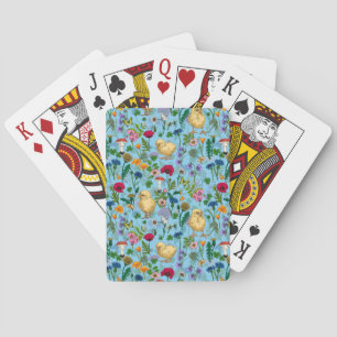 Chickens and wildflowers on baby blue playing cards