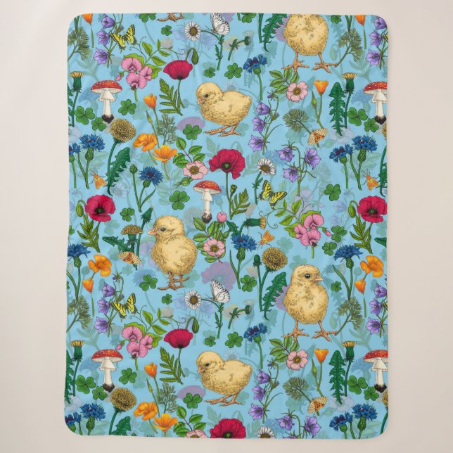 Chickens and wildflowers on baby blue sherpa blanket (Front)
