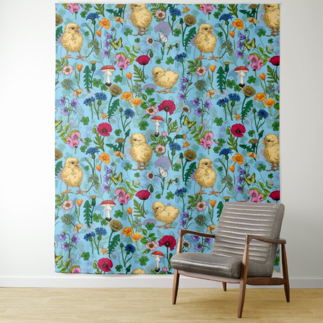 Chickens and wildflowers on baby blue tapestry (In Situ)