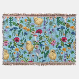 Chickens and wildflowers on baby blue throw blanket