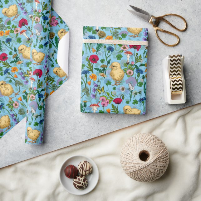 Chickens and wildflowers on baby blue wrapping paper (Crafts)