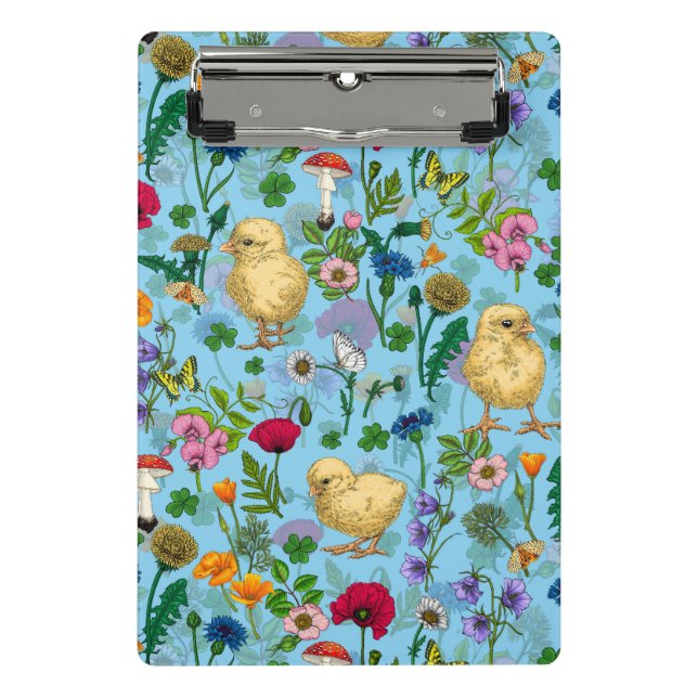 Chickens and wildflowers on baby blueHand-drawn ch Mini Clipboard (Front)