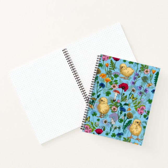 Chickens and wildflowers on baby blueHand-drawn ch Notebook (Inside)