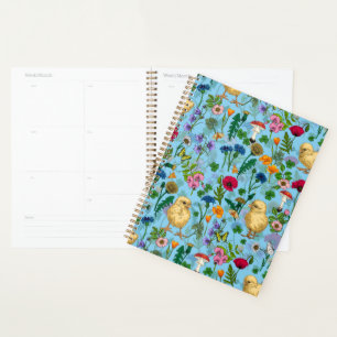 Chickens and wildflowers on baby blueHand-drawn ch Planner