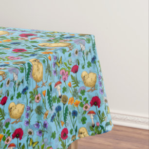 Chickens and wildflowers on baby blueHand-drawn ch Tablecloth