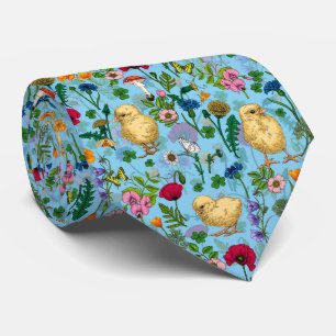 Chickens and wildflowers on baby blueHand-drawn ch Tie