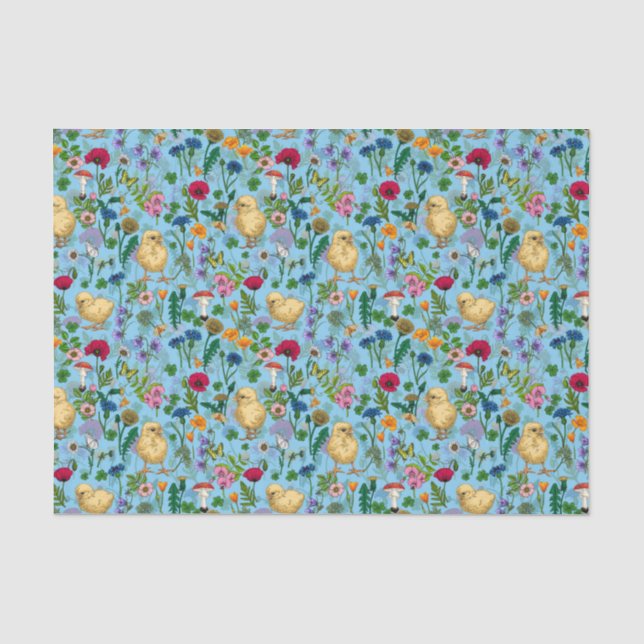 Chickens and wildflowers on baby blueHand-drawn ch Tissue Paper (Front)