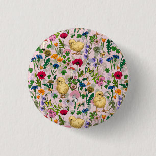 Chickens and wildflowers on cotton candy pink 1 inch round button