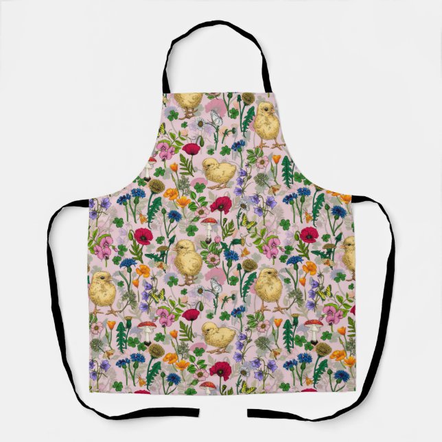 Chickens and wildflowers on cotton candy pink apron (Front)