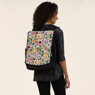 Chickens and wildflowers on cotton candy pink backpack