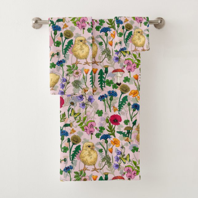 Chickens and wildflowers on cotton candy pink bath towel set (Insitu)
