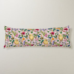 Chickens and wildflowers on cotton candy pink body pillow