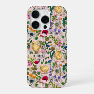 Chickens and wildflowers on cotton candy pink iPhone 16 pro case