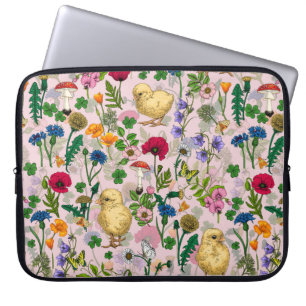 Chickens and wildflowers on cotton candy pink laptop sleeve