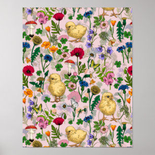 Chickens and wildflowers on cotton candy pink poster