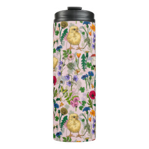 Chickens and wildflowers on cotton candy pink thermal tumbler