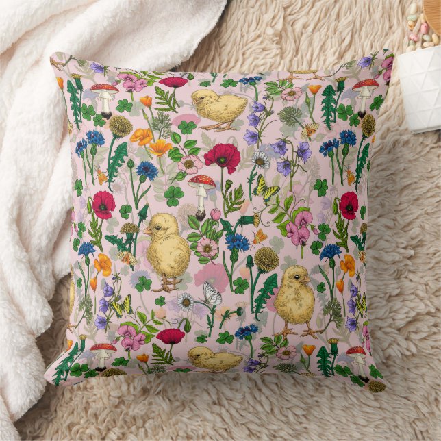 Chickens and wildflowers on cotton candy pink throw pillow (Blanket)