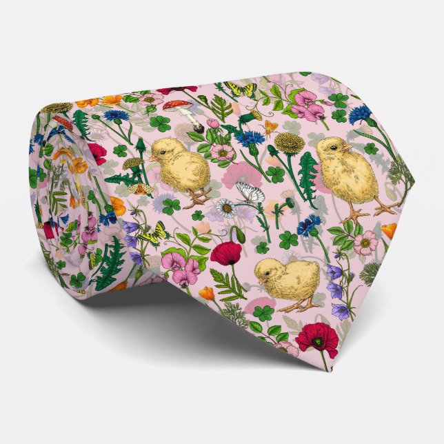 Chickens and wildflowers on cotton candy pink tie (Rolled)