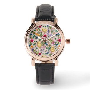 Chickens and wildflowers on cotton candy pink watch