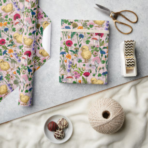 Chickens and wildflowers on cotton candy pink wrapping paper