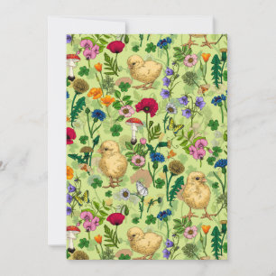 Chickens and wildflowers on honey dew green